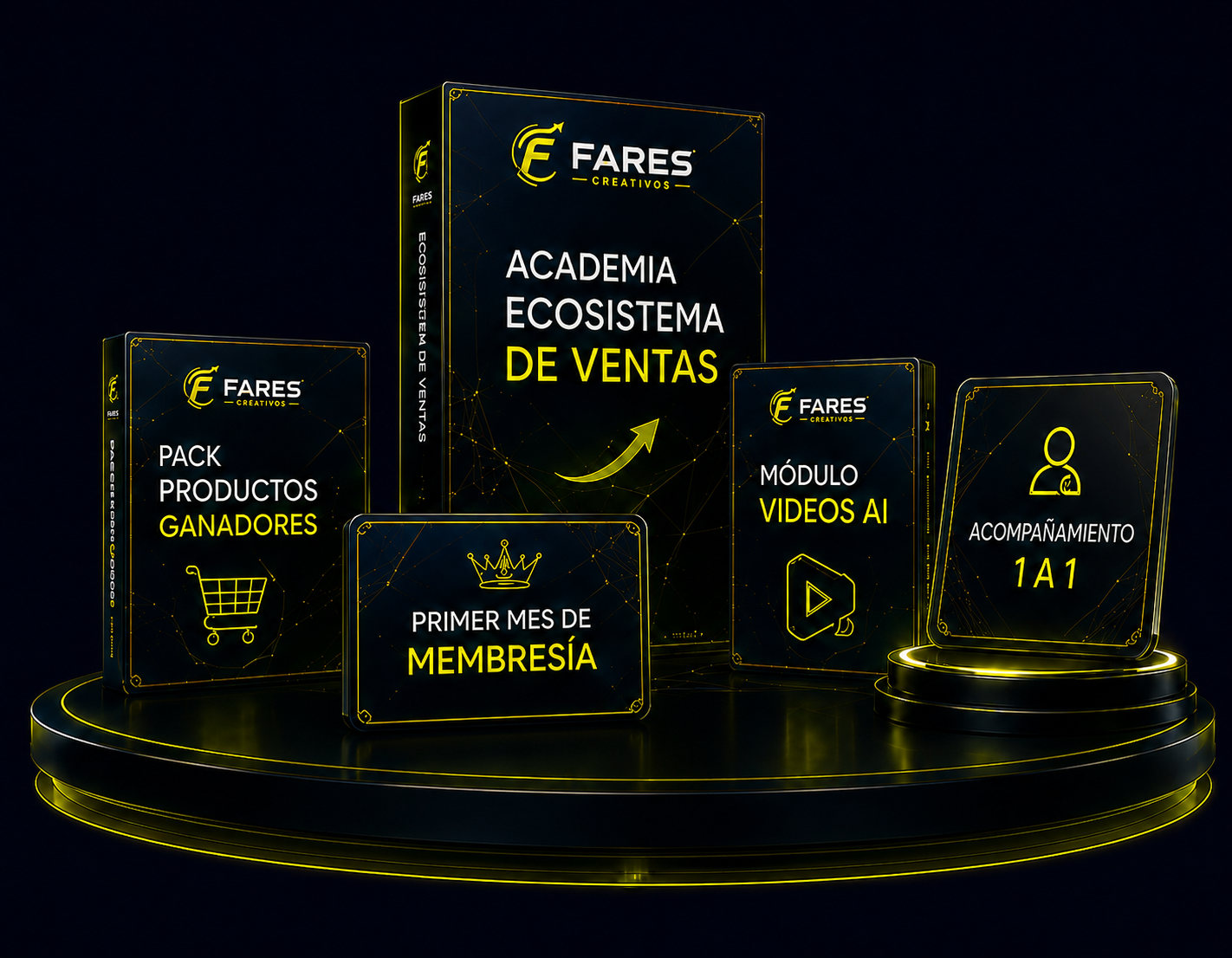 Caja del paquete Fundador + Acompañamiento 1 a 1: Academia Ecosistema de Ventas, Pack Productos Ganadores, Primer mes de Membresía, Módulo Videos AI y Acompañamiento 1 a 1